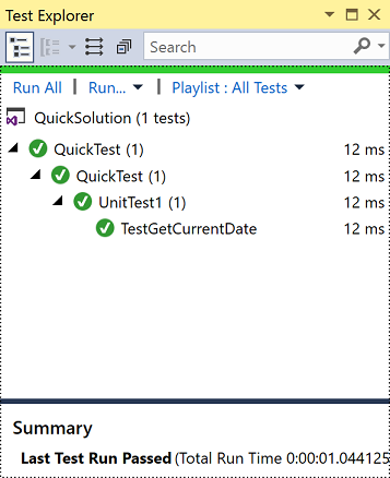 Screenshot that shows Test Explorer with a passed test.