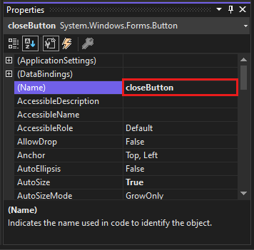 Screenshot shows the Properties window with closeButton name.