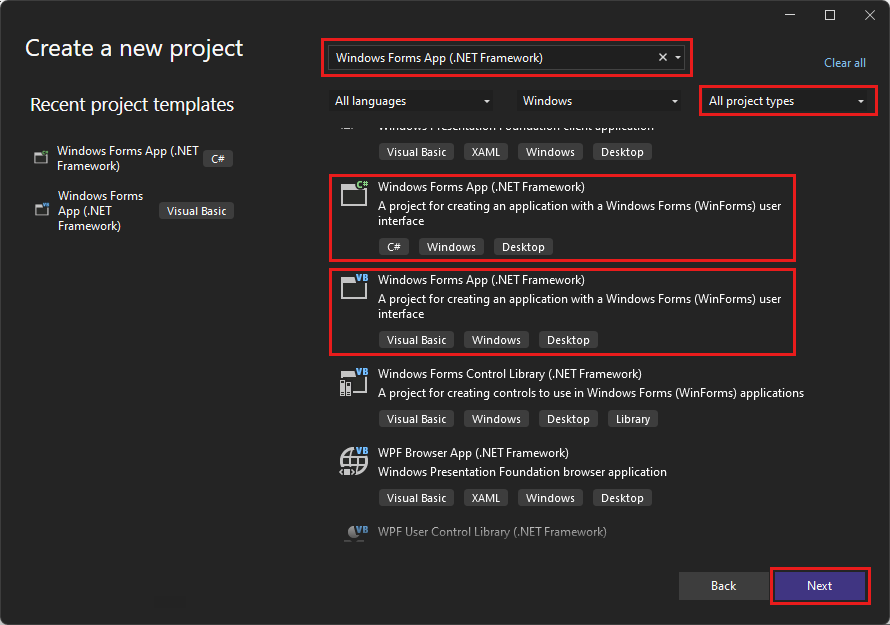 Screenshot shows the Create a new project dialog box with Windows Forms entered and options for Windows Forms App.