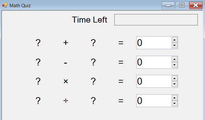 Screenshot that shows a math quiz with four rows of problems. Labels and controls with arrow keys are visible.