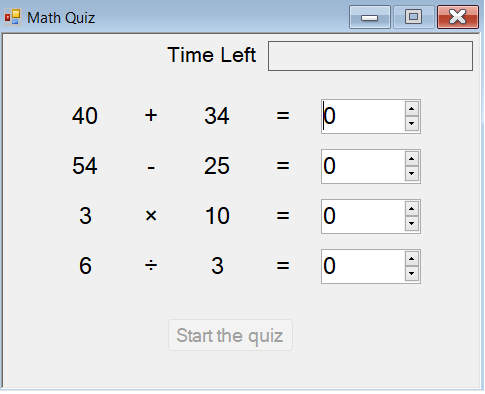 Screenshot that shows random values in all four math problems. The Start the quiz button appears dimmed.