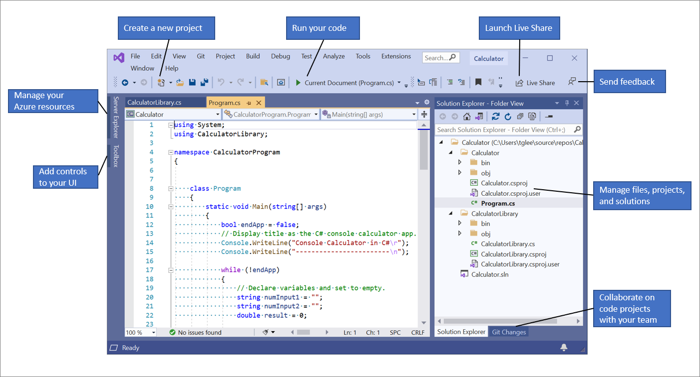 A screenshot of the Visual Studio 2019 IDE, which includes callouts that indicate where key features and functionality are located.