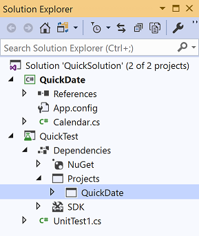 A screenshot of Solution Explorer showing a project reference in Visual Studio 2019.