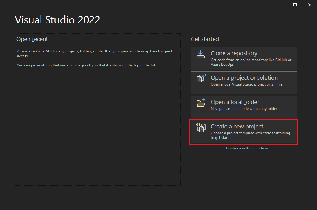 Screenshot shows the Visual Studio 2022 start window with Create a new project selected.