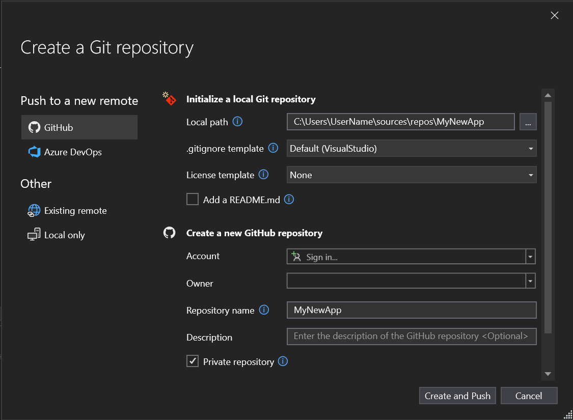 Screenshot of the Create Git Repository dialog in Visual Studio with the GitHub selection highlighted.