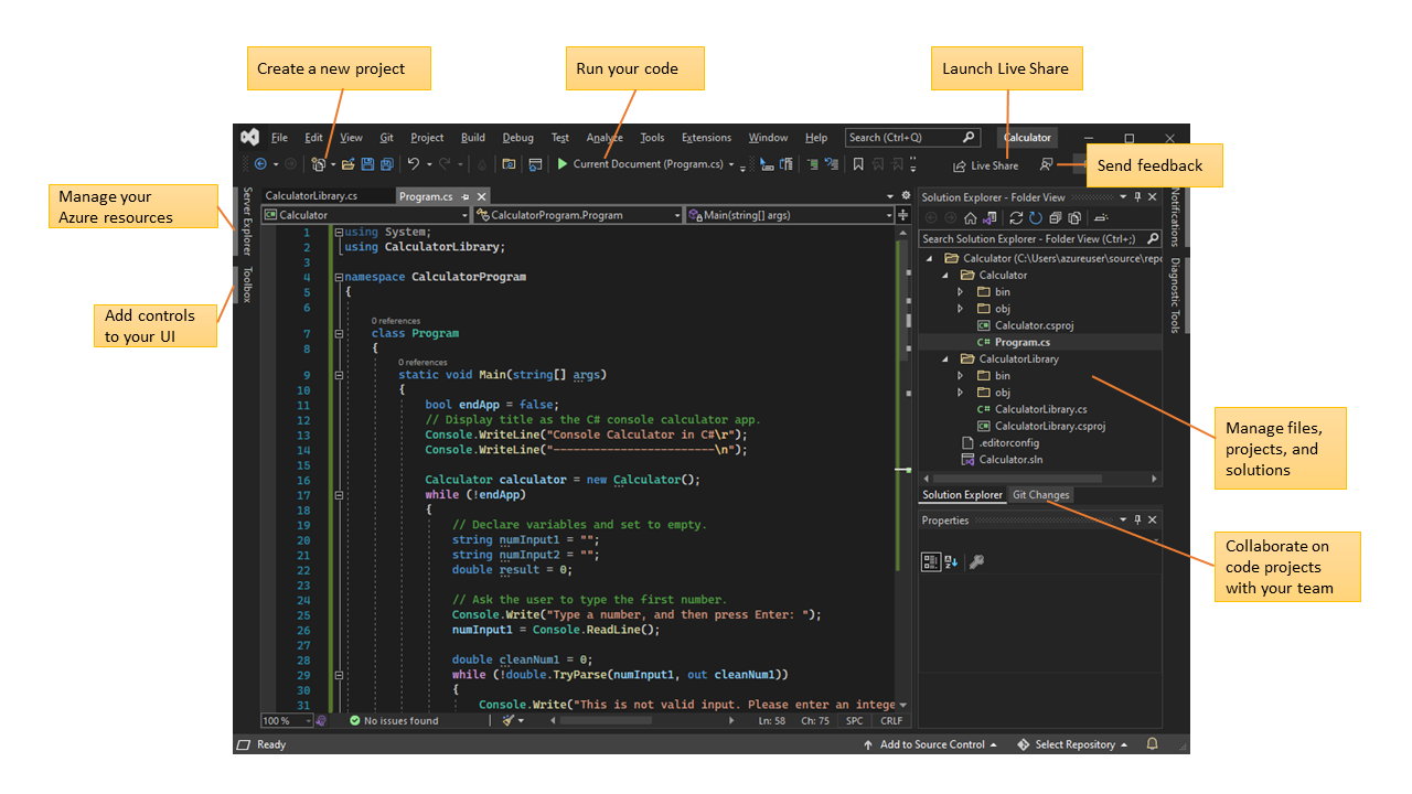 Screenshot showing the Visual Studio 2022 IDE, with callouts indicating the location of key features and functionality.