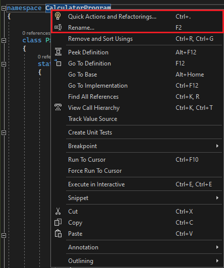 Screenshot that shows Refactoring in Visual Studio.