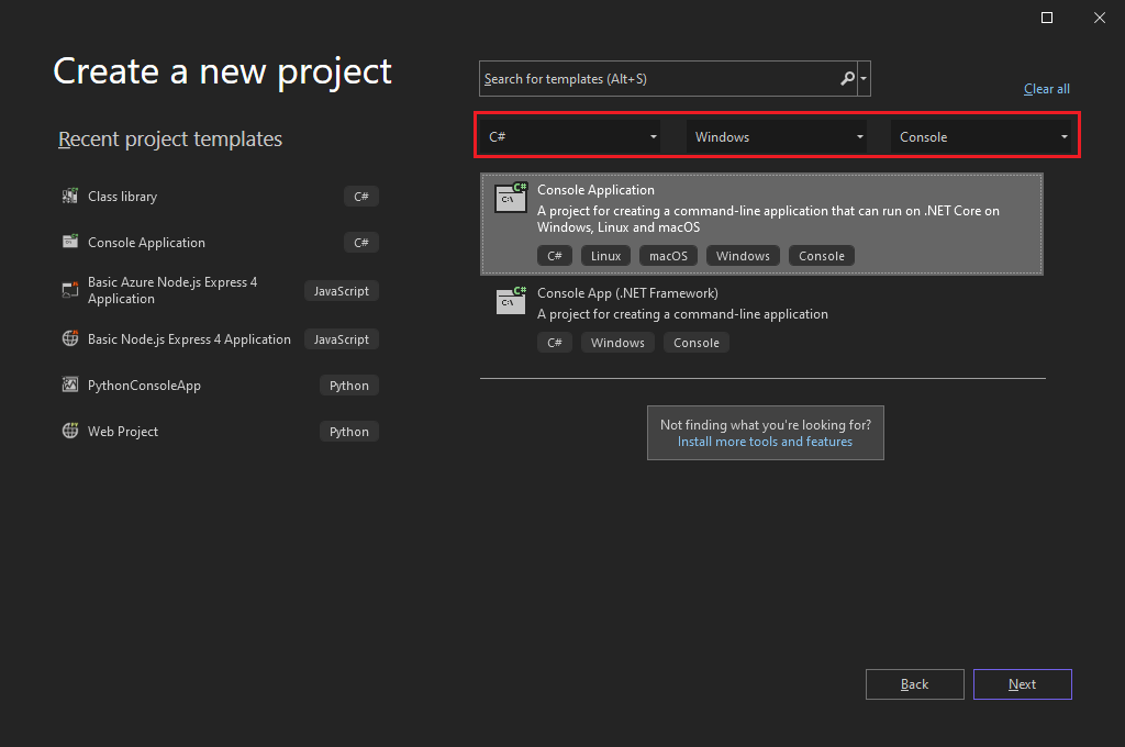 Screenshot of the Create a new project window with Console Application selected.