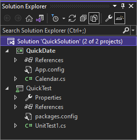 Screenshot that shows Solution Explorer with two projects.