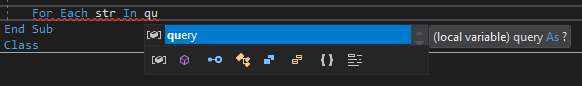 Screenshot showing the IntelliSense word completion window for the word 'query' in the Visual Studio code editor.