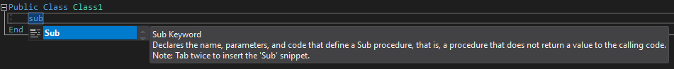 Screenshot showing the IntelliSense for a 'Sub' code snippet in Visual Studio.