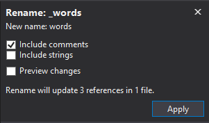 Screenshot showing the Rename dialog box for the variable '_words', with the option for 'Include comments' checked.