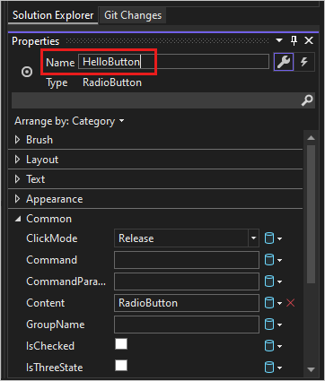 Screenshot showing the Solution Explorer Properties window for the 'HelloButton'  RadioButton.