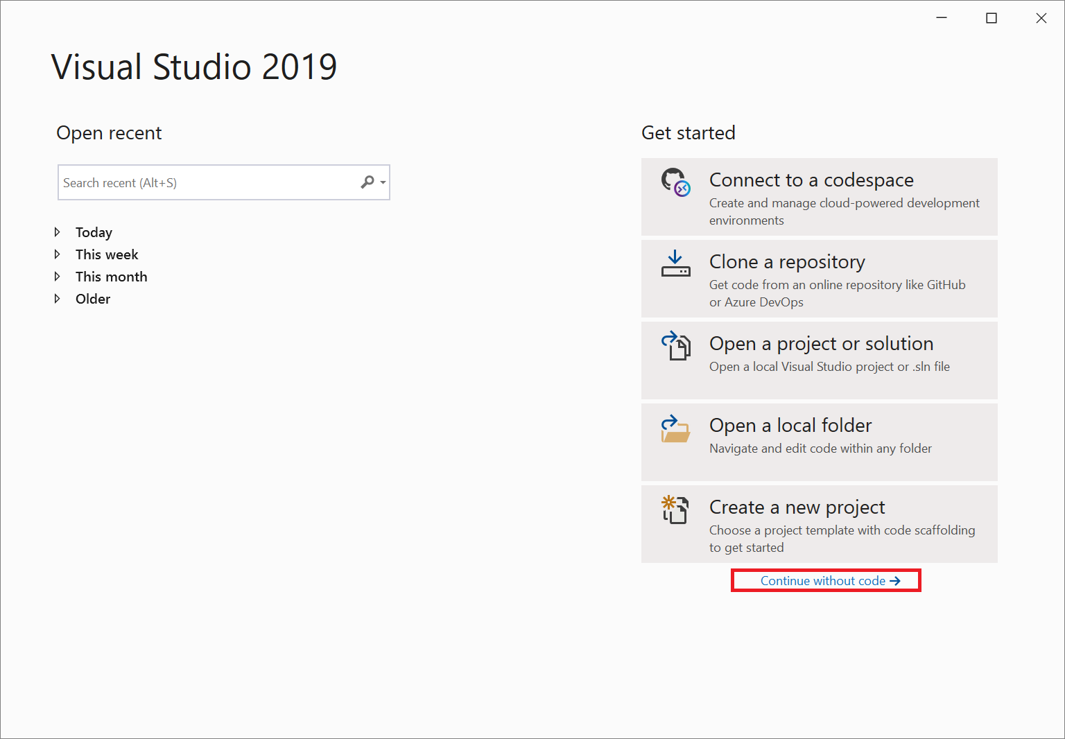 Screenshot of the Start window in Visual Studio 2019, with the 'Continue without code' link highlighted.