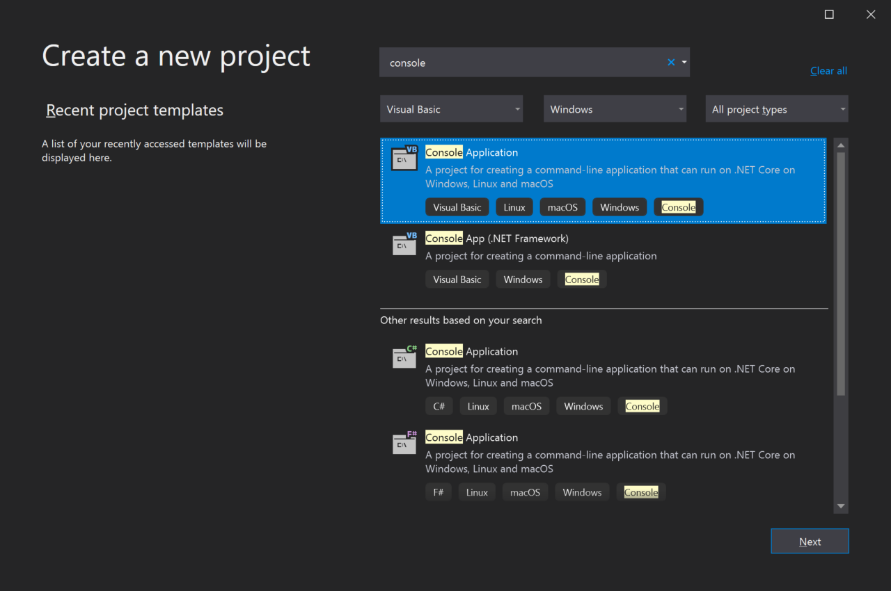 Screenshot showing the Create a new project window with 'console' in the search box, and 'Visual Basic' and 'Windows' selected for the Language and Platform filters. The Console Application project template is selected.