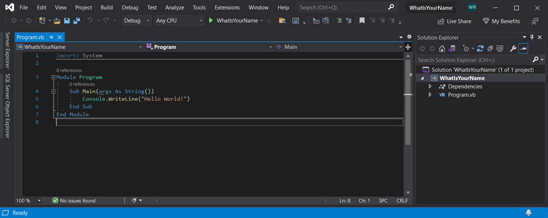 Tutorial: Create a simple Visual Basic (VB) console app - Visual Studio  (Windows) | Microsoft Learn