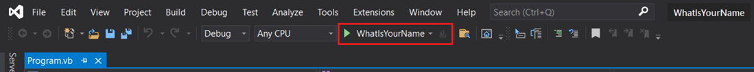 Screenshot showing the 'What Is Your Name' button highlighted in the Visual Studio toolbar.