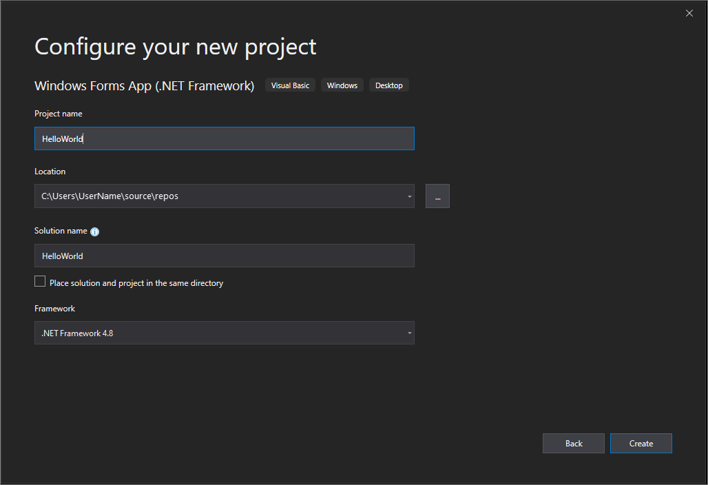 Screenshot shows the Configure your new project window with the name HelloWorld entered.