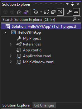 Screenshot showing the files in the HelloWPFApp project and solution in the Solution Explorer.