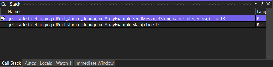Screenshot showing the Visual Studio Call Stack window with a SendMessage method call highlighted in the top line.
