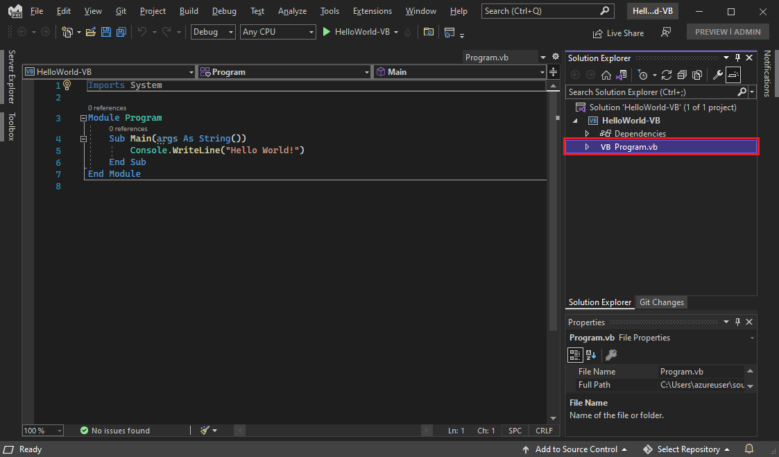 Screenshot that shows the Visual Studio I D E with the Program dot V B code in the editor.