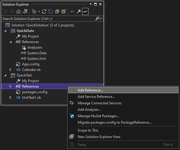 Screenshot showing the context menu for the References node in the QuickTest project, with the 