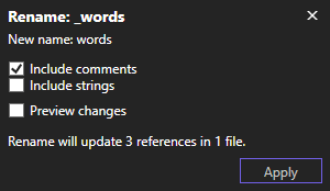 Screenshot showing the Rename dialog box for the variable '_words', with the option for 'Include comments' checked.
