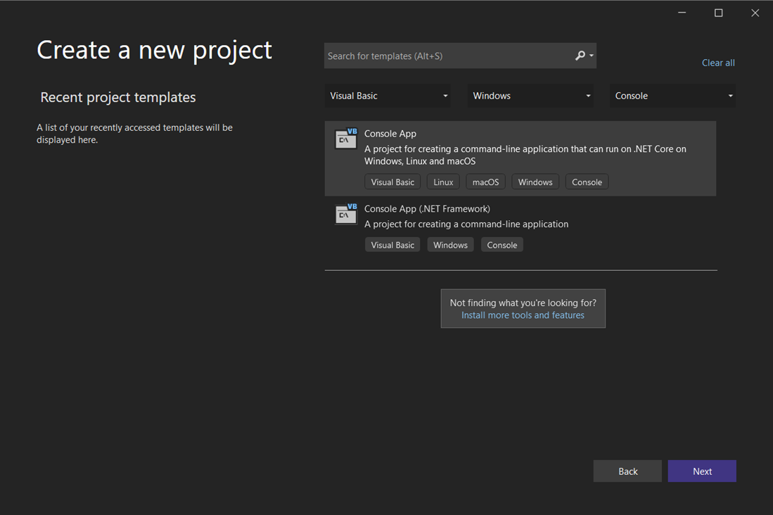 Screenshot showing the 'Create a new project' window with 'Visual Basic', 'Windows', and 'Console' selected in the Language, Platform, and Project Type filters and the Console App project template selected.