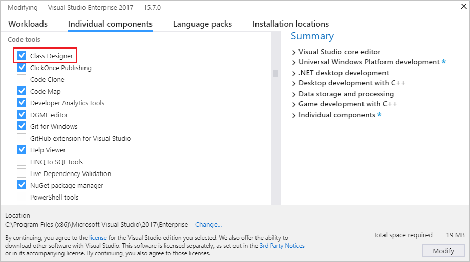 Screenshot of the Class Designer component in Visual Studio Installer
