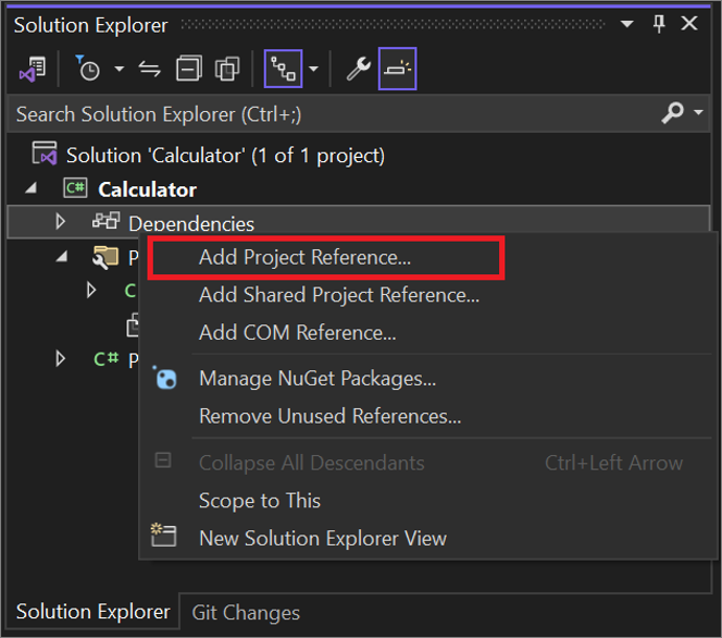 Screenshot of the Add Project Reference option from the right-click context menu.