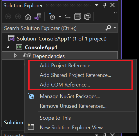 Screenshot of the Add Reference dialog from the context menu in Solution Explorer.