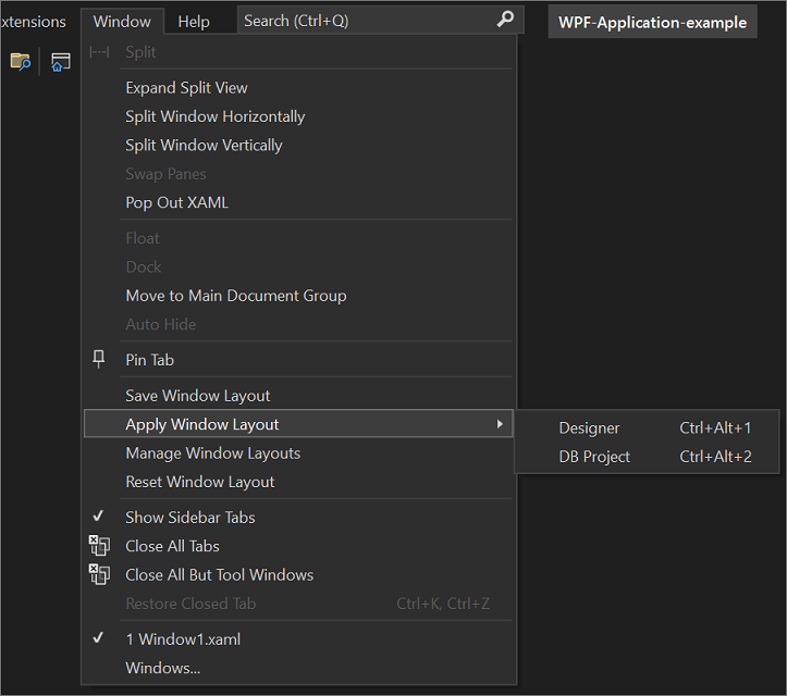 Screenshot of the 'Apply window layout' menu.