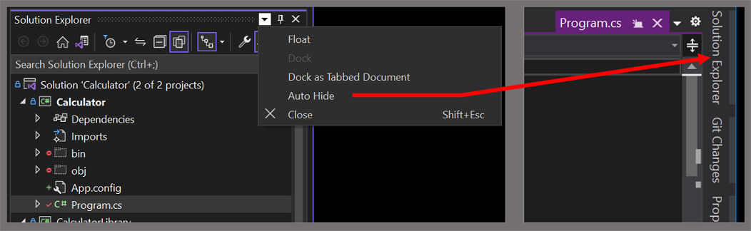Set of two screenshots that show the Auto Hide menu item and an associated set of tabbed tool windows when Auto Hide is selected.