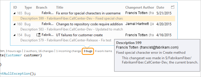 CodeLens - Find bugs linked to changesets