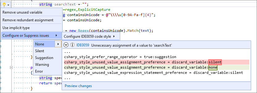 Configure the severity level of a code style rule directly in the editor