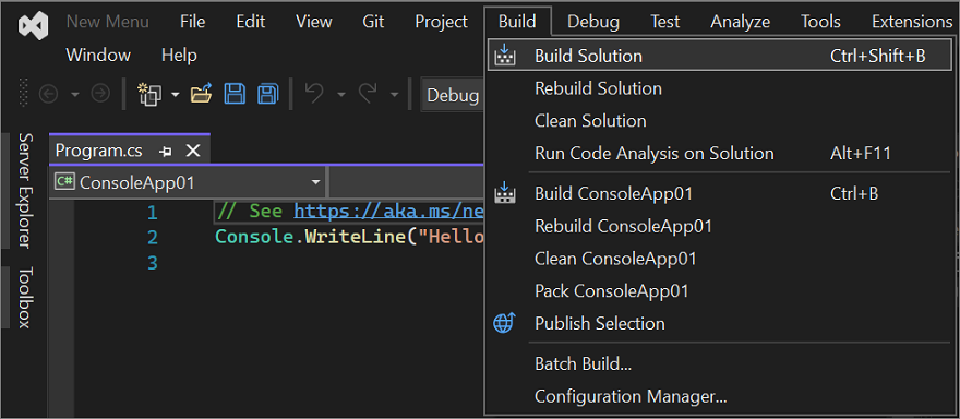 Screenshot of the Build menu in the Visual Studio IDE.