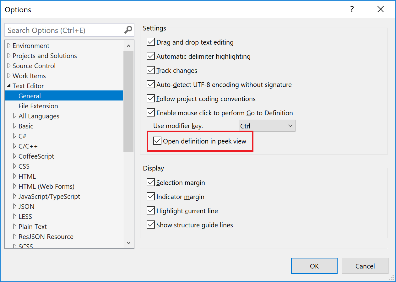Setting the mouse-click peek definition option