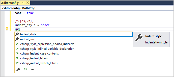 Screenshot showing the IntelliSense with EditorConfig Language Service extension.