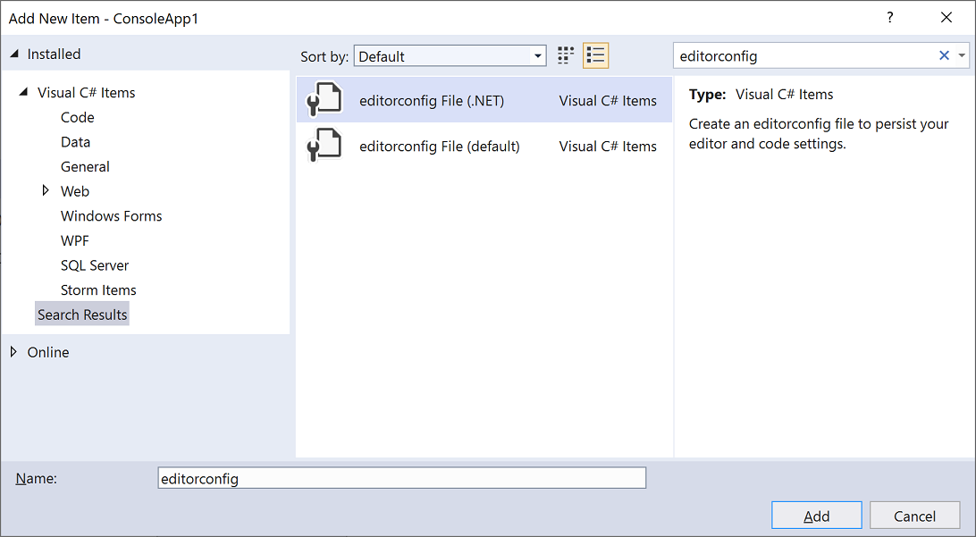 Screenshot of the EditorConfig item templates in Visual Studio.