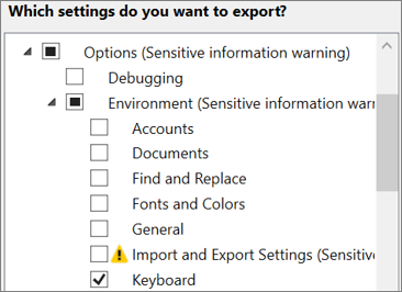Screenshot that shows an example of how to export only customized keyboard shortcuts.