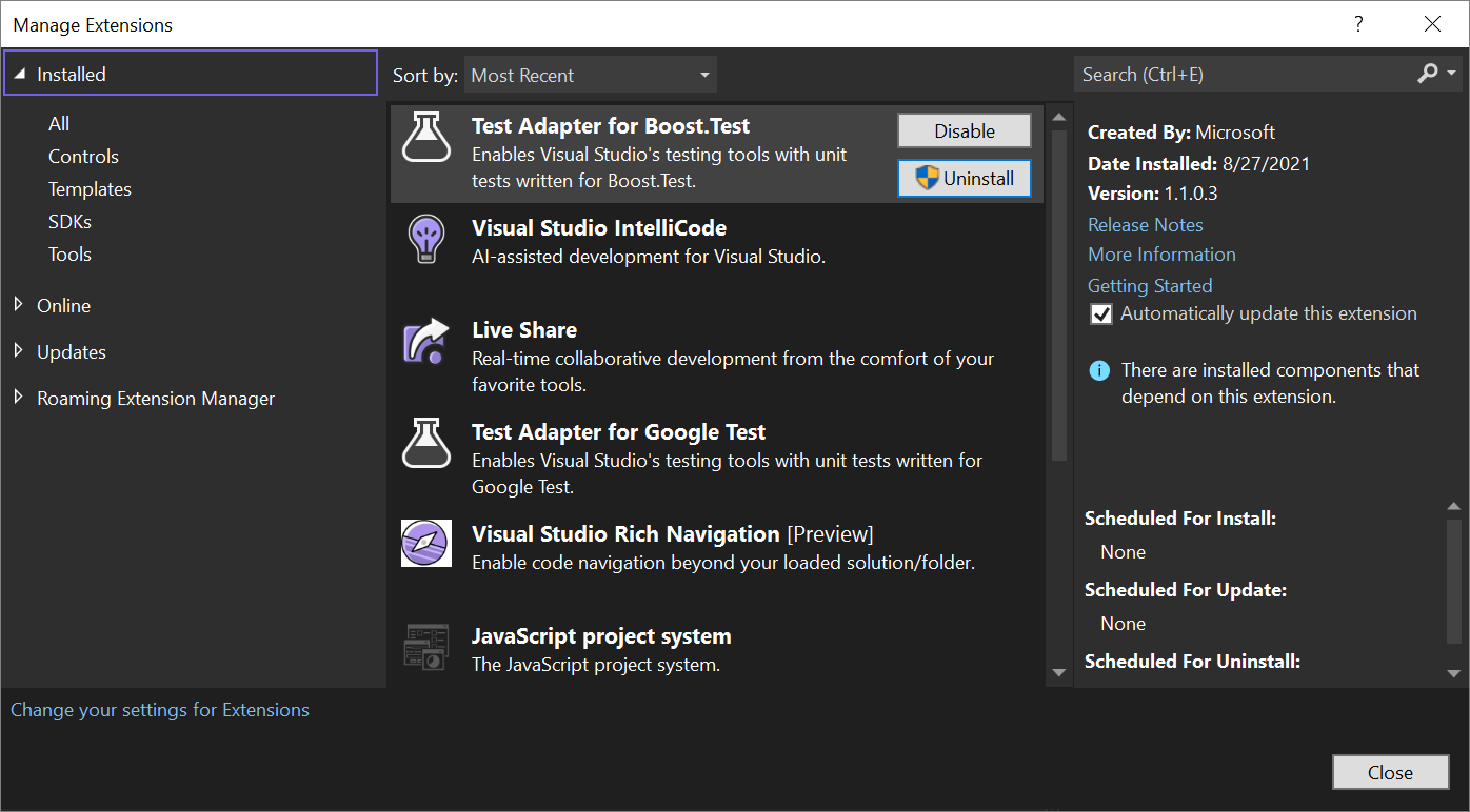 Screenshot of the Manage Extensions window in Visual Studio