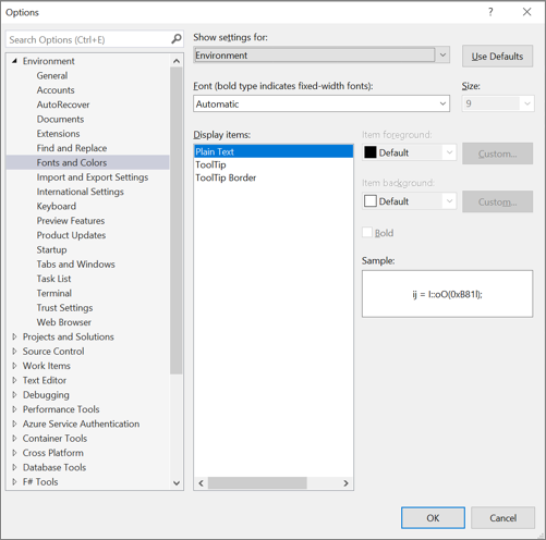 Screenshot of the Options dialog box to change fonts and colors in the IDE