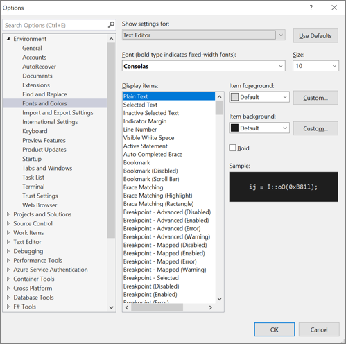 Screenshot of the Options dialog box to change fonts and colors in the editor