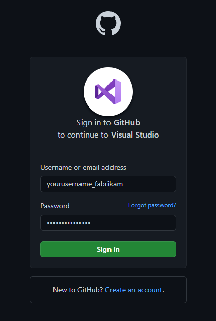 Screenshot showing the GitHub sign in experience for the GitHub Enterprise Managed User account.