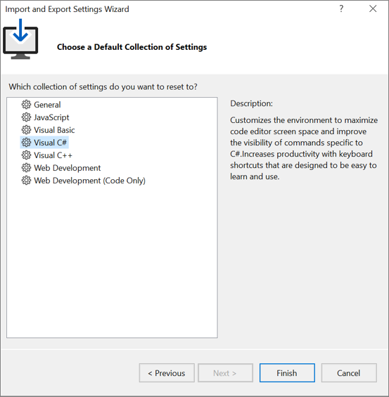 Screenshot of the default collection of settings in Visual Studio.