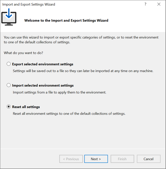 Screenshot of the 'Import and Export Settings Wizard' in Visual Studio 2022.