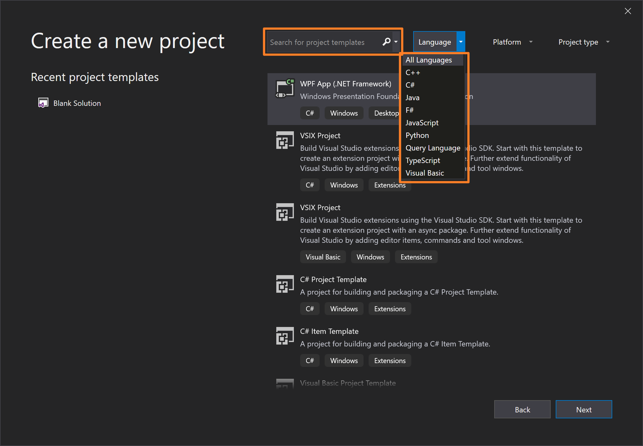 Search and filter in the New Project dialog box