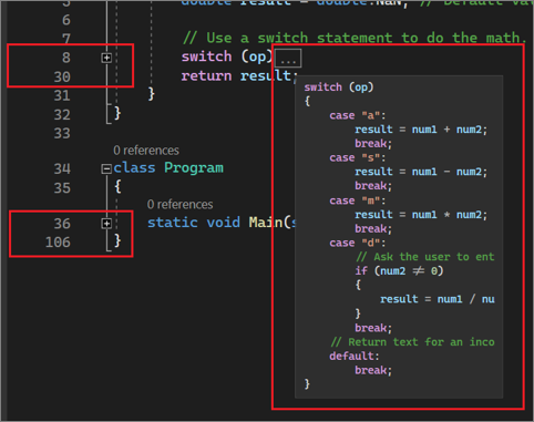Screenshot of an example of collapsed code that shows the outlining margin and an example of the expanded code visible from a tooltip.