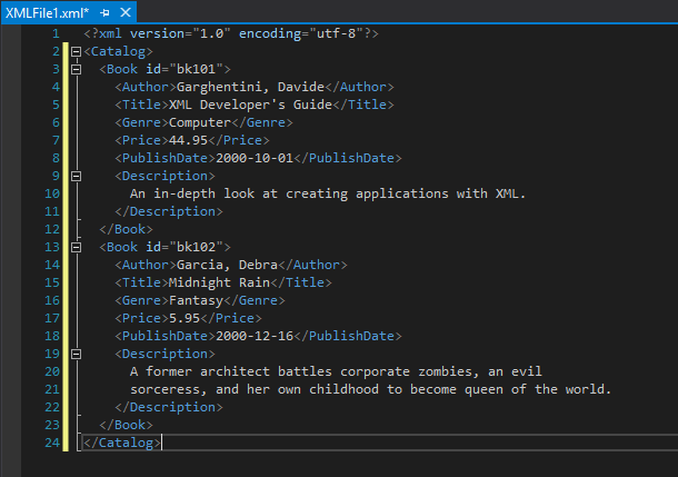 Screenshot of an XML file's font colors.