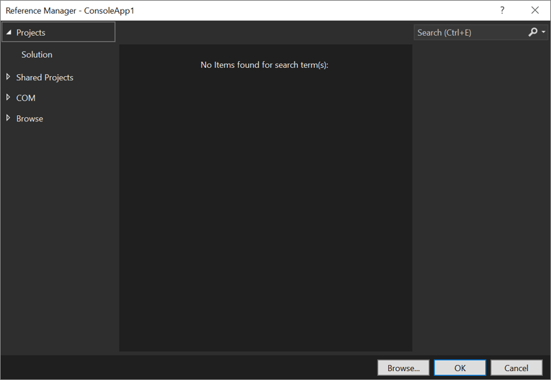 Screenshot of the Reference Manager dialog box in Visual Studio.